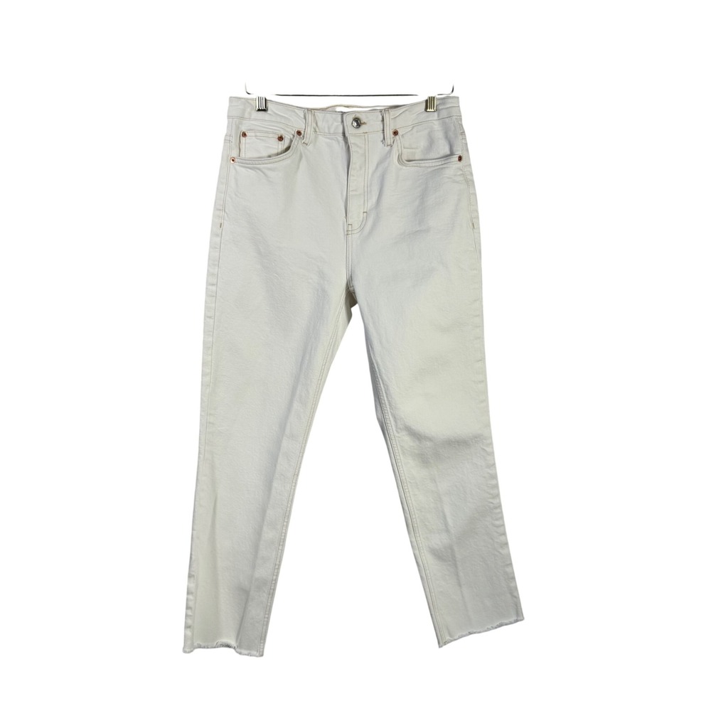 Topshop Straight‎ Leg Jeans Off White Raw Hem High Rise W32 L32 Womens Denim